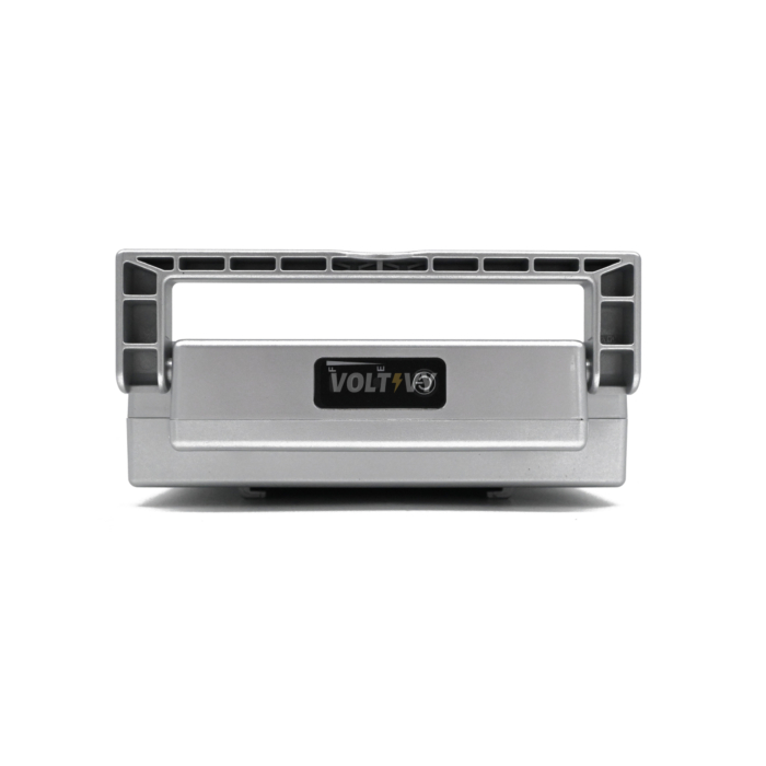 foto van de achterkant van de Sparta E-motion C1/C2/C3 Batavus compatible 13.6Ah fietsaccu (zilver) Incl. lader waar je de hendel uitgeklapt kan zien samen met de batterijpercentage indicator.