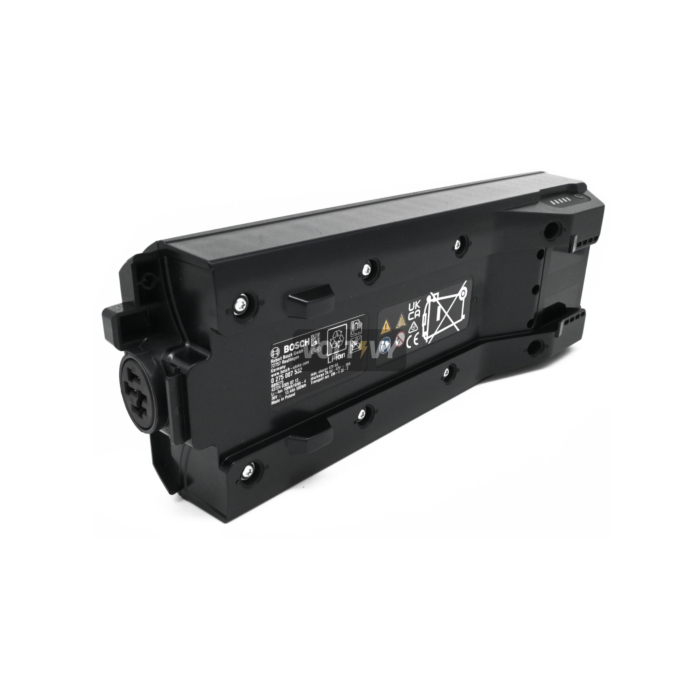 foto van de Bosch PowerPack 500 Active 36V 13.4Ah fietsbatterijwaar je de onderkant vanaf de zijkant kan zien