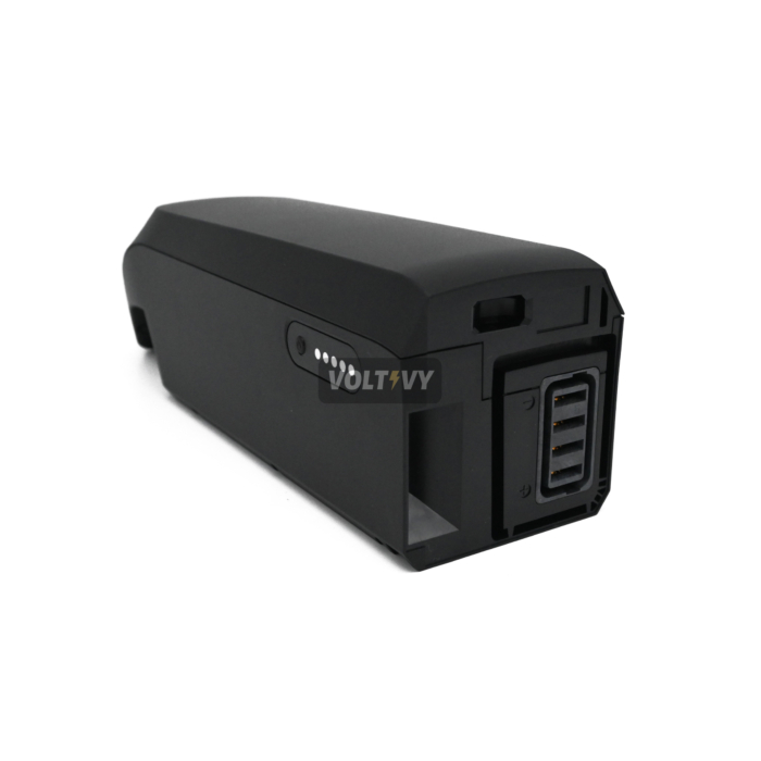 foto van de Shimano BT-E6010 36V 11.6Ah vanaf de achterkant waar je de aansluiting van de accu voor in de fiets ziet en de batterij indicator die aangeeft hoeveel percentage er nog beschikbaar is