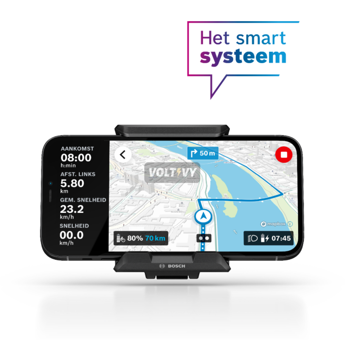 vooraanzicht van de Bosch SmartphoneGrip met telefoon. Hierop is de navigatiefunctie te zien.