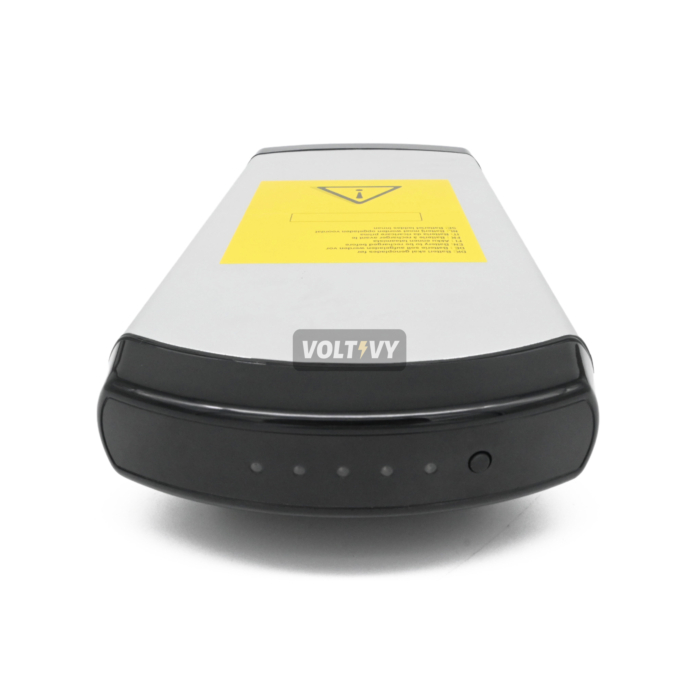 Achteraanzicht van de Phylion XH370-13J Wall-E 37V 14Ah (2-polig). De lampjes van de batterij-indicator van deze Phylion accu zijn duidelijk zichtbaar. De foto is vanaf een hogere hoek genomen waardoor de bovenkant ook deels zichtbaar is.