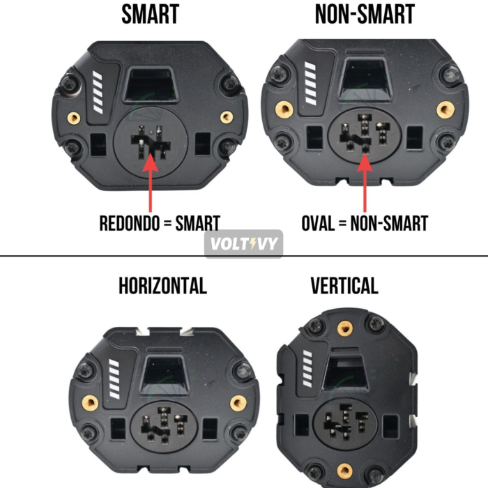 En esta imagen, puede ver cómo reconocer la diferencia entre un PowerTube SMART Bosch y un Powertube no SMART Bosch y puede ver cómo reconocer la diferencia entre un PowerTube vertical Bosch y un Powertube horizontal Bosch. En una batería Bosch SMART la c